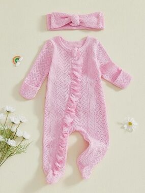 Baby Pink Knit Ruffle One-Piece with Headband zip Sleeper Newborn All Seasons